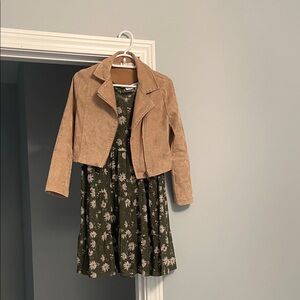 Girls Tan Suede Jacket with Green Floral Dress